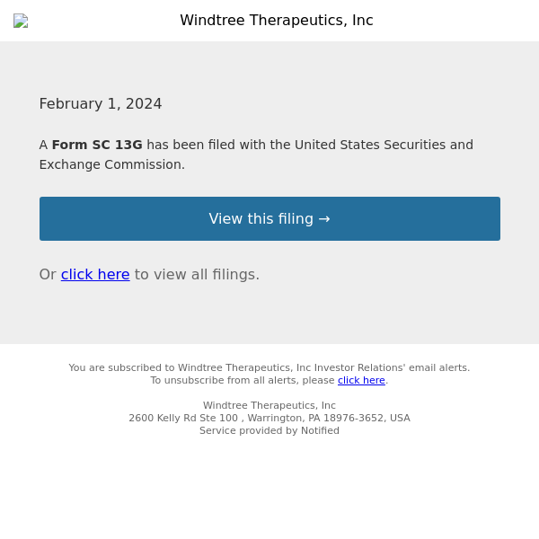 New Form SC 13G for Windtree Therapeutics, Inc