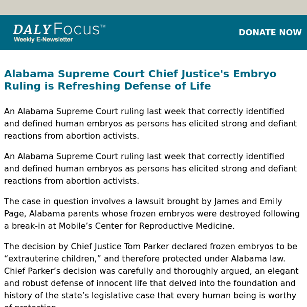 Alabama Supreme Court Chief Justice's Embryo Ruling is Refreshing Defense of Life