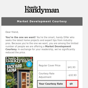 Friend: Family Handyman is now $9 (vs. $41.93)