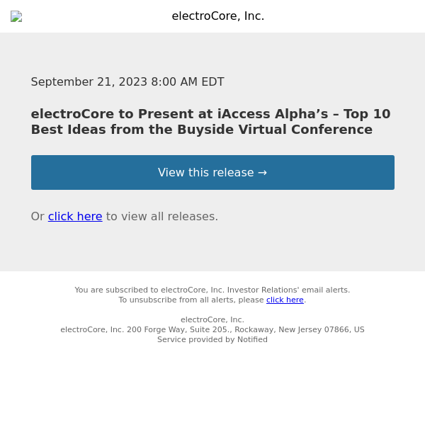 electroCore to Present at iAccess Alpha’s – Top 10 Best Ideas from the Buyside Virtual Conference