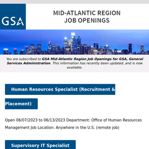 New/Current Job Opportunities in the GSA Mid-Atlantic Region