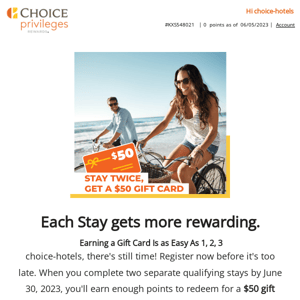 Last Chance To Stay Twice And Earn a Gift Card!