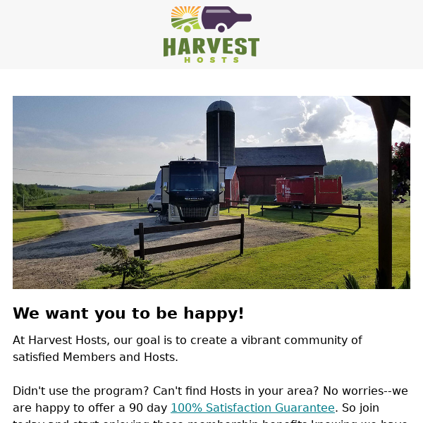 Harvest Hosts 100% Money Back Guarantee