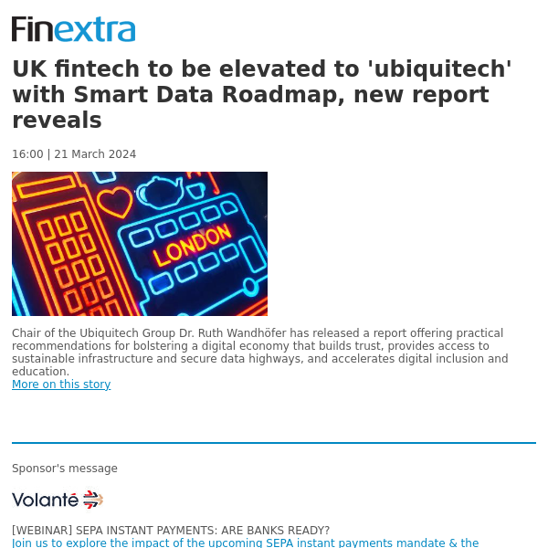 Finextra News Flash: UK fintech to be elevated to 'ubiquitech' with Smart Data Roadmap, new report reveals