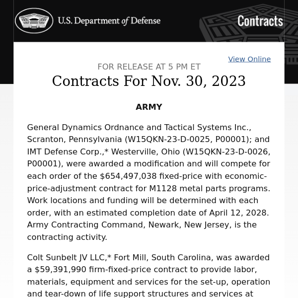Contracts For Nov. 30, 2023