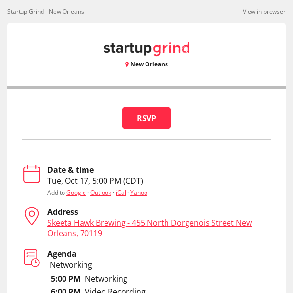 New Event: New Orleans - Startup Grind Introduce Yourself and Tell Us Why Entrepreneurs Thrive Here!