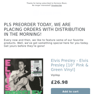 LIMITED 800 RUN! Elvis Presley [10” Pink & Green Vinyl]