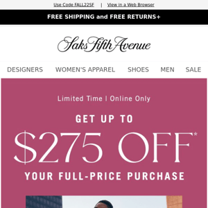 Barneys New York, up to $275 off your purchase ends today 