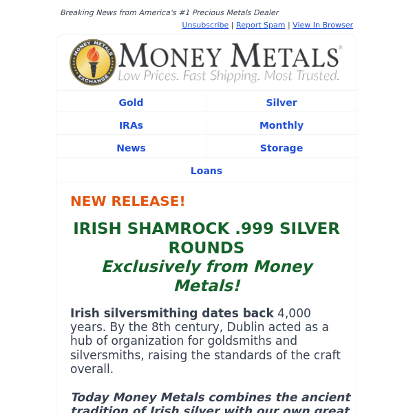 IRISH SHAMROCK .999 SILVER ROUNDS -- Exclusively from Money Metals!