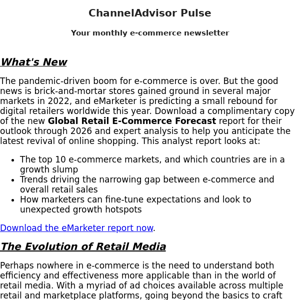 ChannelAdvisor Newsletter: New Global Retail E-Commerce Forecast | The Evolution of Retail Media