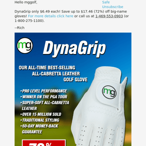 Upgrade to Soft All-Cabretta Leather DynaGrip Golf Gloves! Save up to 72% off!