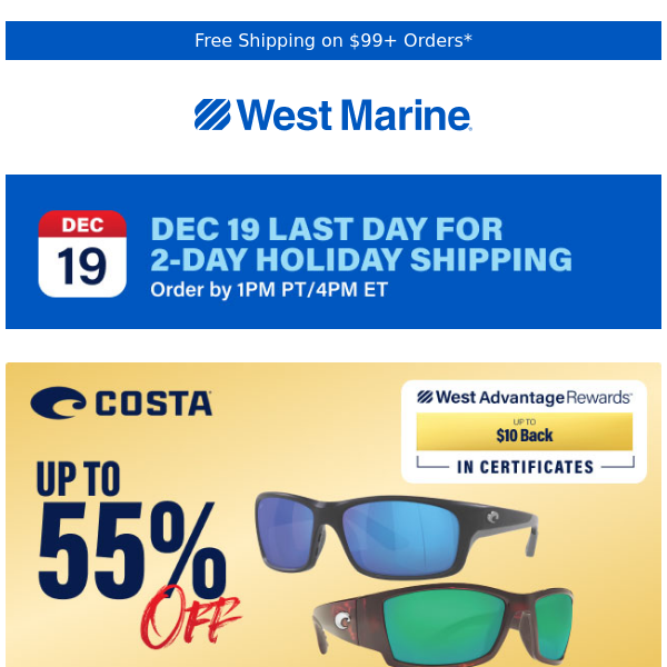 Up to 55% off Costa, 40% off select PFDs & up to 4X points for members!