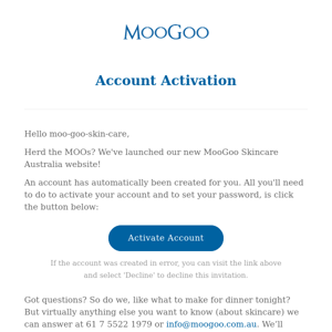 MooGoo Customer Account Activation
