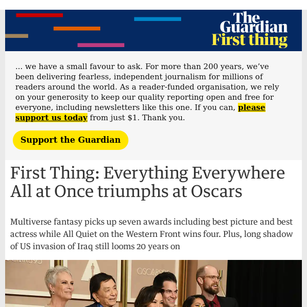 First Thing: Everything Everywhere All at Once triumphs at Oscars