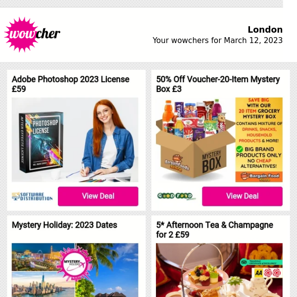 Adobe Photoshop 2023 License £59 | 50% Off Voucher-20-Item Mystery Box £3 | Mystery Holiday: 2023 Dates | 5* Afternoon Tea & Champagne for 2 £59 | Win A 7nt 5* Halkidiki, Greece Holiday - Entries Close Soon!