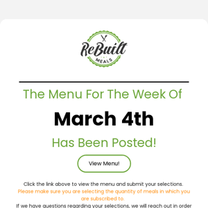 ReBuilt Meals Menu - Week of March 4th