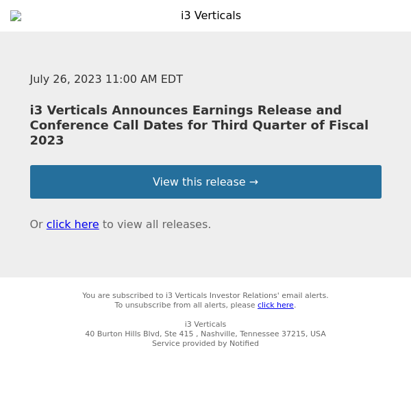 i3 Verticals Announces Earnings Release and Conference Call Dates for Third Quarter of Fiscal 2023