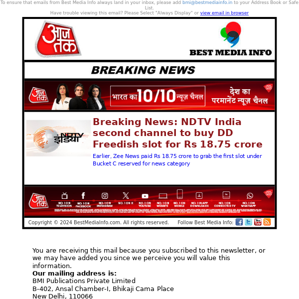 Breaking News: NDTV India second channel to buy DD Freedish slot for Rs 18.75 crore