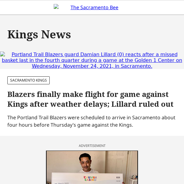 Blazers finally make flight for game against Kings after weather delays; Lillard ruled out