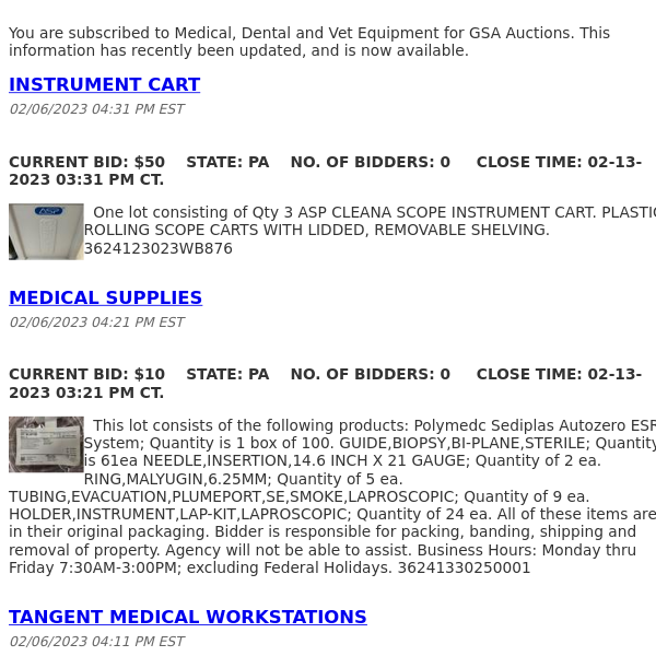 GSA Auctions Medical, Dental and Vet Equipment Update