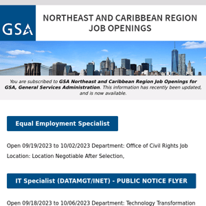 New/Current Job Opportunities in the GSA Northeast & Caribbean Region