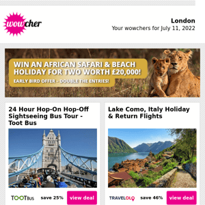 Hop On- Hop Off Bus Tour £12 | Lake Como, Italy Holiday & Flights | Animal Healing & Communication Diploma £16 | Mystery Getaway: 2022 & 2023 Dates | London Hop On Hop Off Bus Tour £19