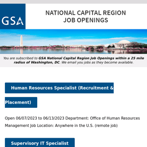 New/Current Job Opportunities in the GSA National Capital Region