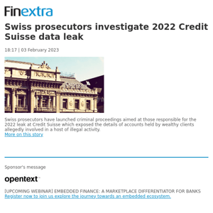 Finextra News Flash: Swiss prosecutors investigate 2022 Credit Suisse data leak