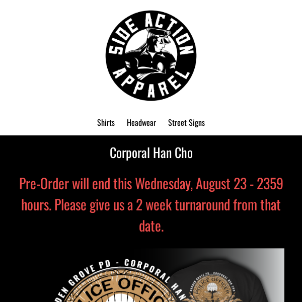 Pre-Order Ends this Wed, Aug 23 for Cpl. Han Cho Tribute Shirt