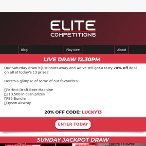 ⌛Live Draw at noon - Win 13 prizes - 20% off!