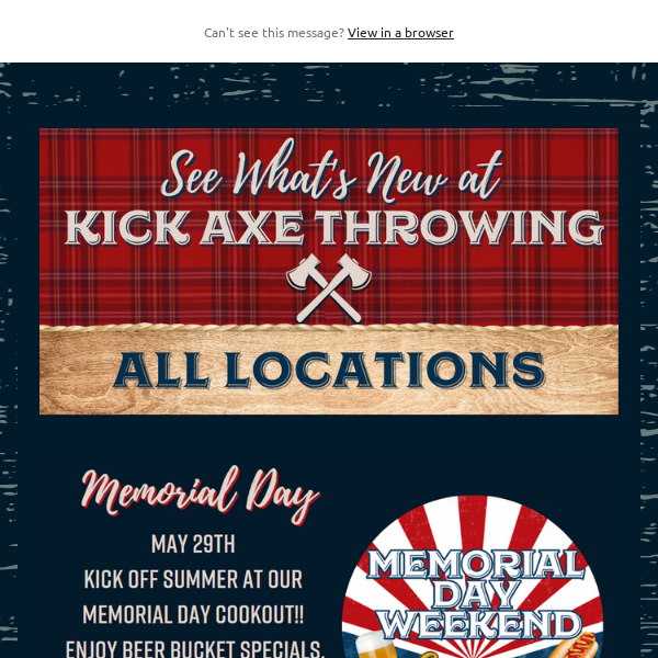 🌭Grill, Chill, Kick Axe: Memorial Day Cookout Info Inside!🍺