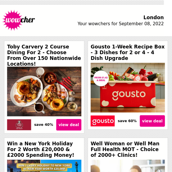 Toby Carvery Dining For 2 £17.50 | 1-Week Gousto Recipe Box For 2 £12 | Win A Luxury New York NYE Holiday! | Well Man or Woman Health MOT £79 | Mystery Getaway: 2022 & 2023 Dates