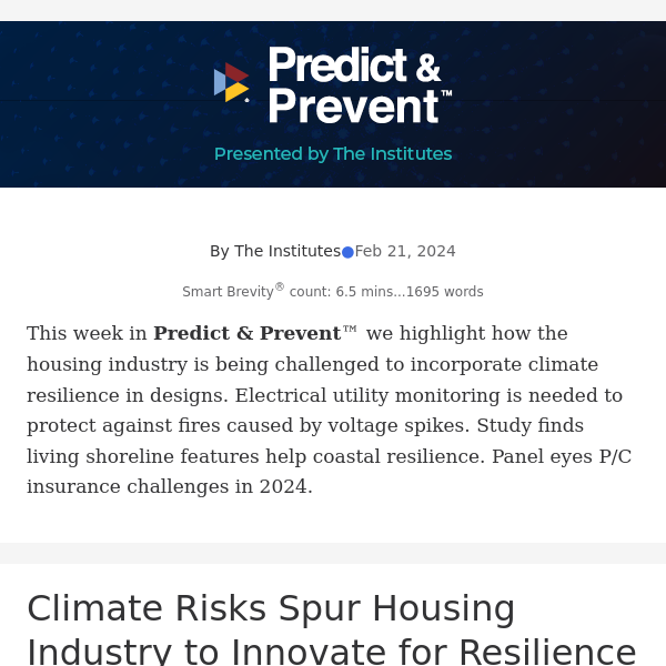 Predict & Prevent™: Building Resilience into Housing; Monitoring Electrical Swings; and More