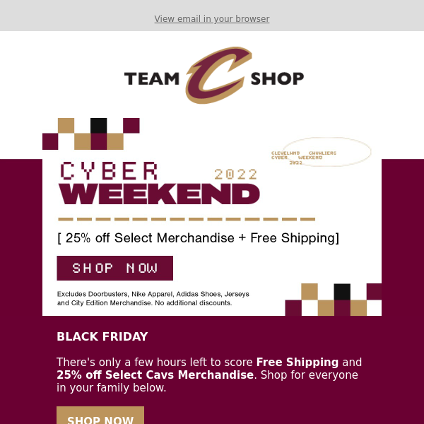 Free Shipping + 25% off Select Cavs Gear