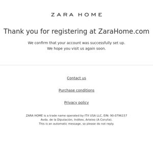 Thank you for registering at ZaraHome.com