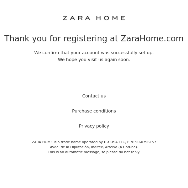 Thank you for registering at ZaraHome.com - Zara Home