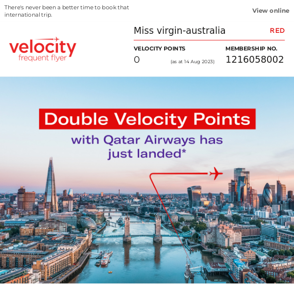 Virgin Australia, earn double Velocity Points with Qatar Airways*
