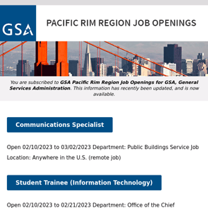 New/Current Job Opportunities in the GSA Pacific Rim Region