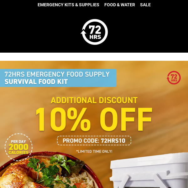 Cover All Essentials: 10% Off 72HRS Survival Food Kits!