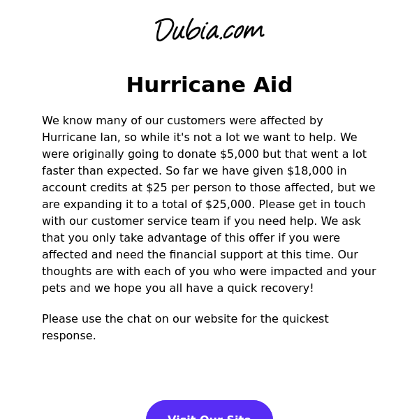 $25,000 in Hurricane Aid from Dubia.com