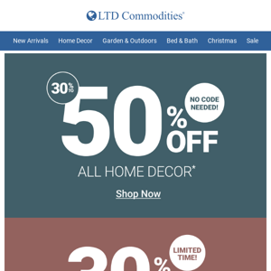 30%-50% Off Home Decor + 30% Off Everything Else