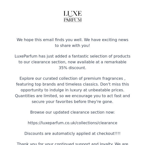 LuxeParfum Clearance Extravaganza: 35% Off on New Additions!