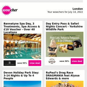 Bannatyne Spa & Treatments £42.50 | Summer Safari Nights Tkt Voucher | Devon Holiday Park Stay For Up To 4 | RuPaul's DRAGMANIA Tour £12 | Paradise Wildlife Park Summer Eve Tkt £9.99