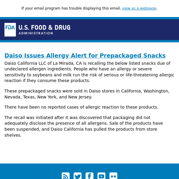 Daiso Issues Allergy Alert for Prepackaged Snacks