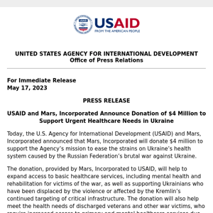 PRESS RELEASE: USAID and Mars, Incorporated Announce Donation of $4 Million to Support Urgent Healthcare Needs in Ukraine