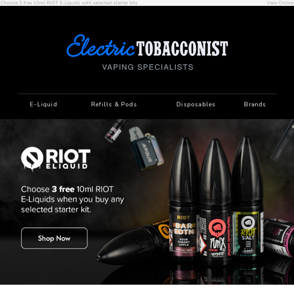 3 Free RIOT E-Liquid with Selected Starter Kits