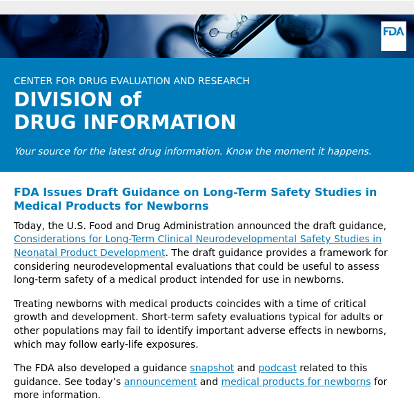 FDA Issues Draft Guidance on Long-Term Safety Studies in Medical Products for Newborns - Drug Information Update