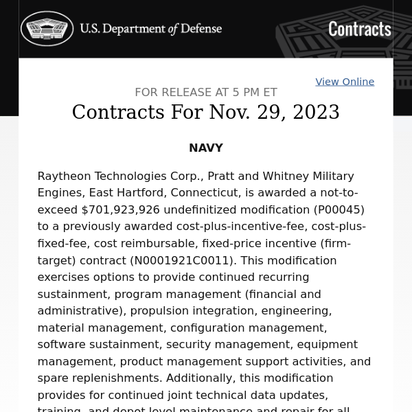 Contracts For Nov. 29, 2023
