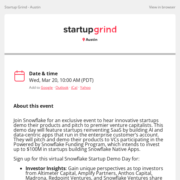 Startup Grind, join us for Snowflake Startup Demo Day