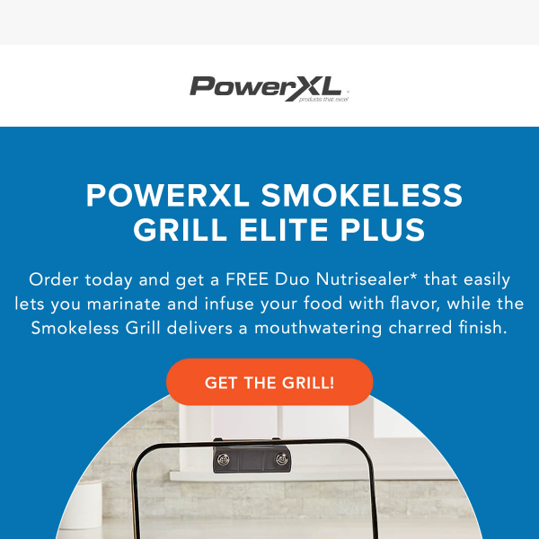 Grill your favorite foods indoors any day of the year virtually smoke-less!  🌽☀️ The non-stick cross-hatch grill plate on the PowerXL…